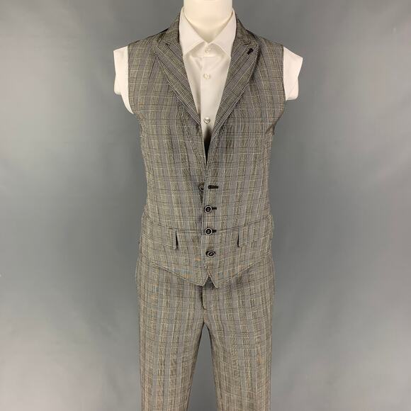 JOHN VARVATOS Size 36 Black White Glenplaid Wool Peak Lapel Vest Suit - Picture 1 of 8